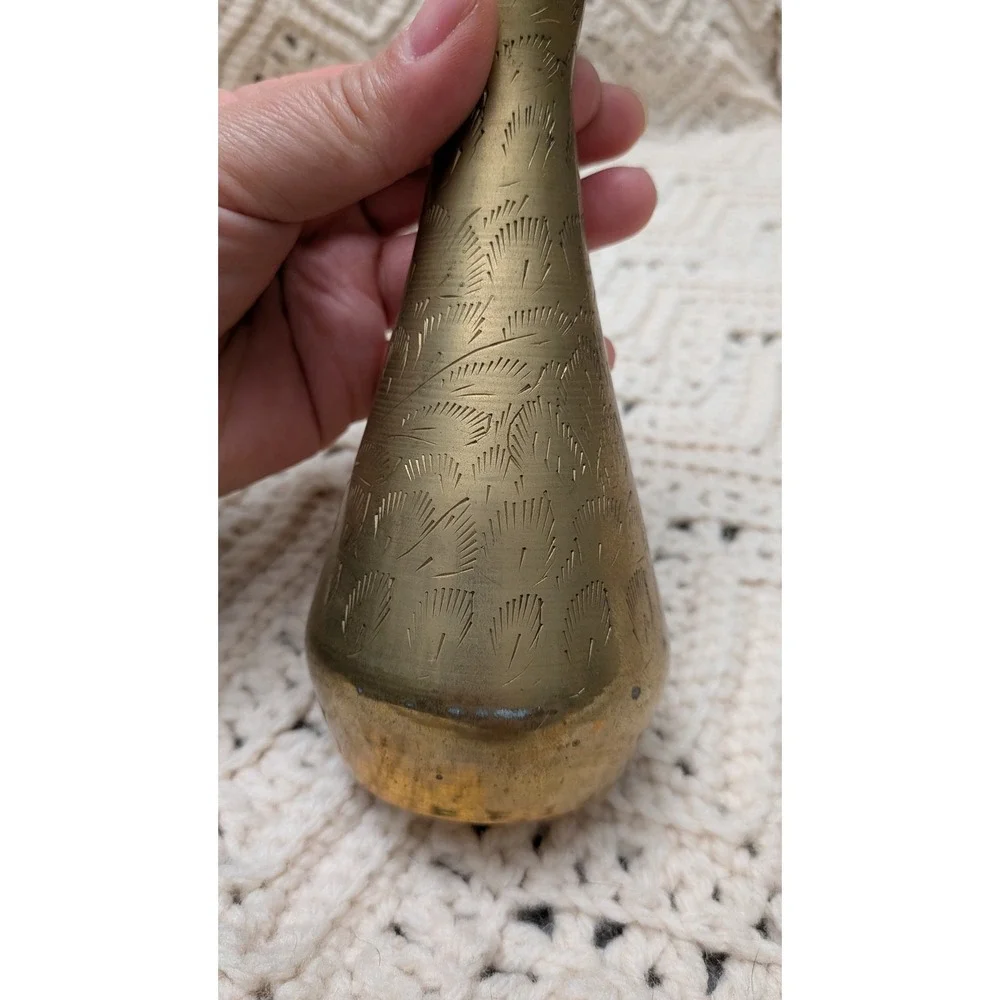 Vintage‎ Etched Brass Bud Vase 6 Inch Tall Feather Pattern Boho Decor Accent